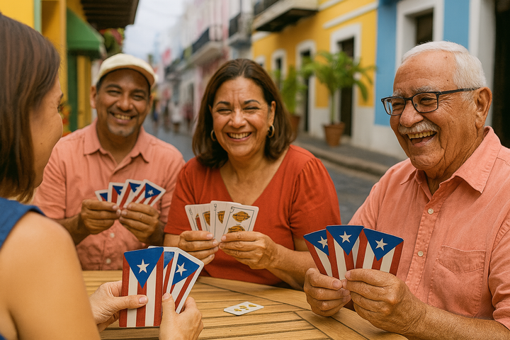 Group of people playing with Puerto Rican flag playing cards at outdoor table in colorful street