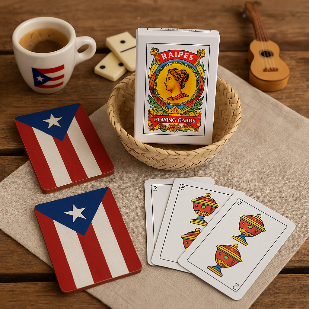 Puerto Rican flag playing cards displayed with coffee cup and small guitar from Boricua Gift Shop