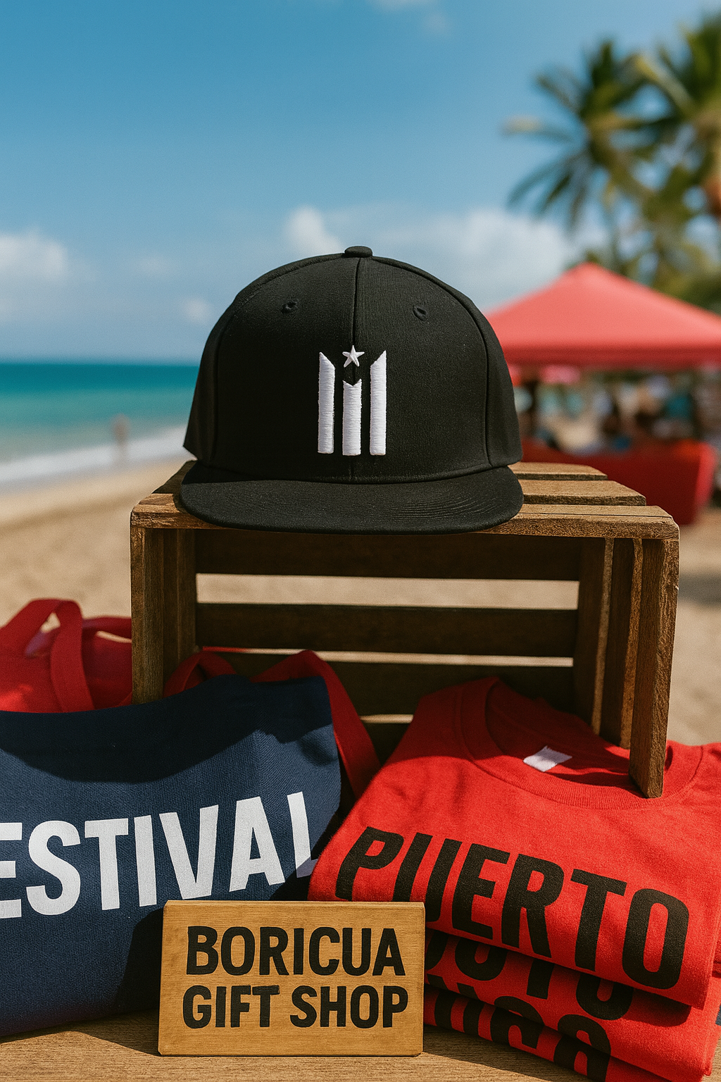 Puerto Rican flag snapback hat displayed on a wooden crate by the beach with souvenir bags