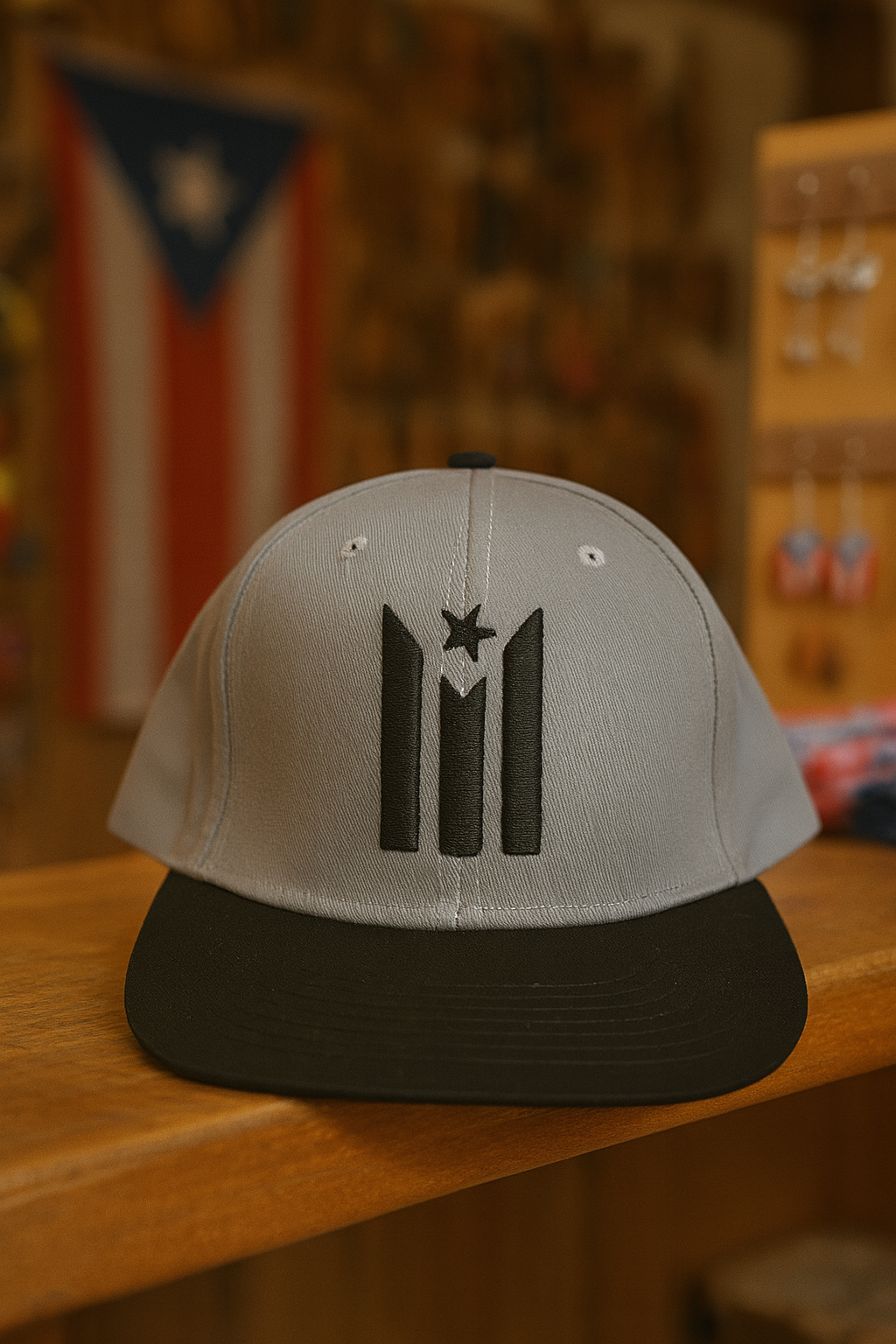 Puerto Rican flag snapback hat in gray and black with a stylish emblem design