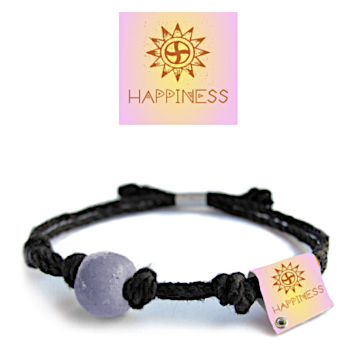 Puerto Rican happiness bracelet featuring a purple charm on a braided black cord with a unique tag