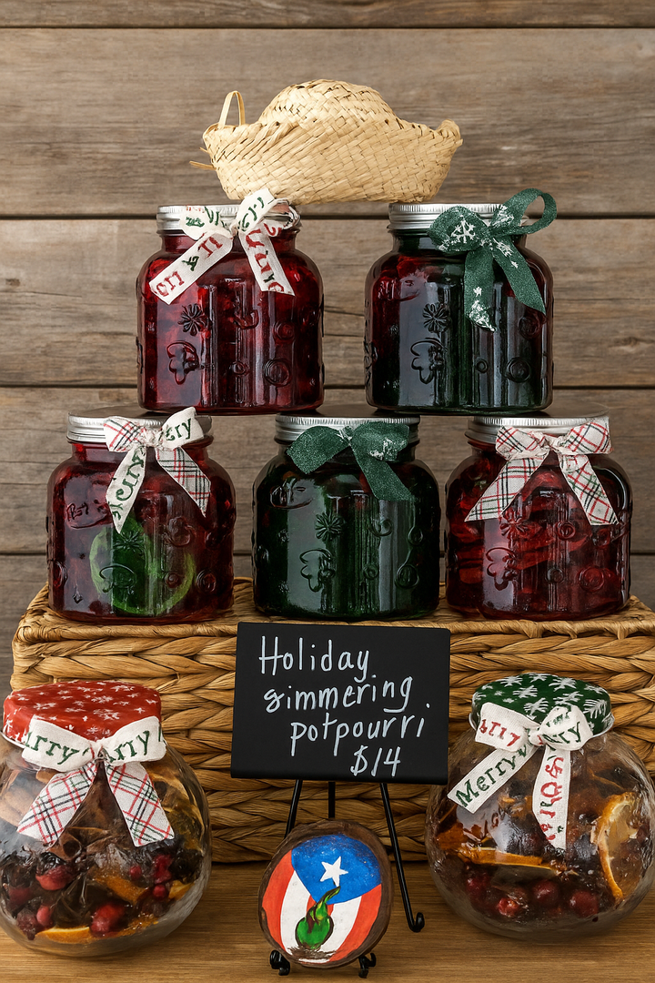 Puerto Rican holiday simmer pot jar collection displayed in decorative jars with festive ribbons