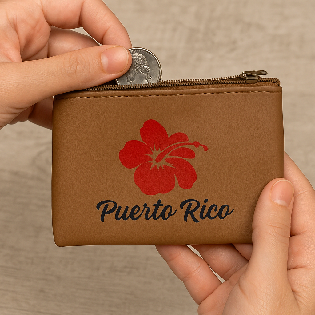 Hand holding a Puerto Rican leather coin purse with a red hibiscus design and the text Puerto Rico