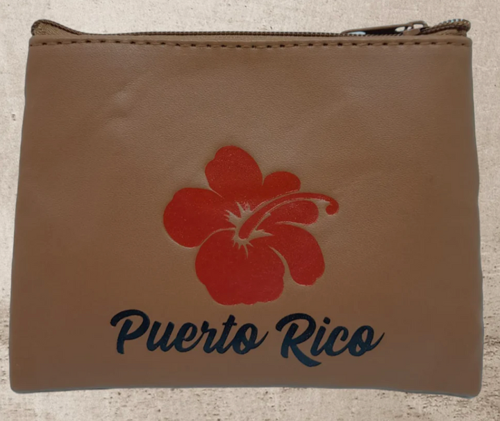 Puerto Rican leather coin purse featuring a red hibiscus flower and Puerto Rico text design