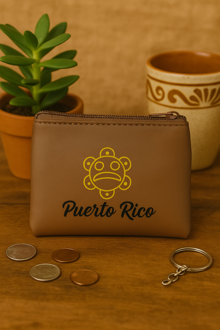 Puerto Rican leather coin purse in brown with yellow Puerto Rico design and zipper closure