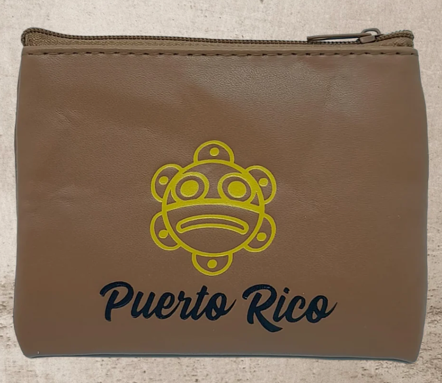 Brown Puerto Rican leather coin purse featuring a vibrant Puerto Rico design with a zipper closure