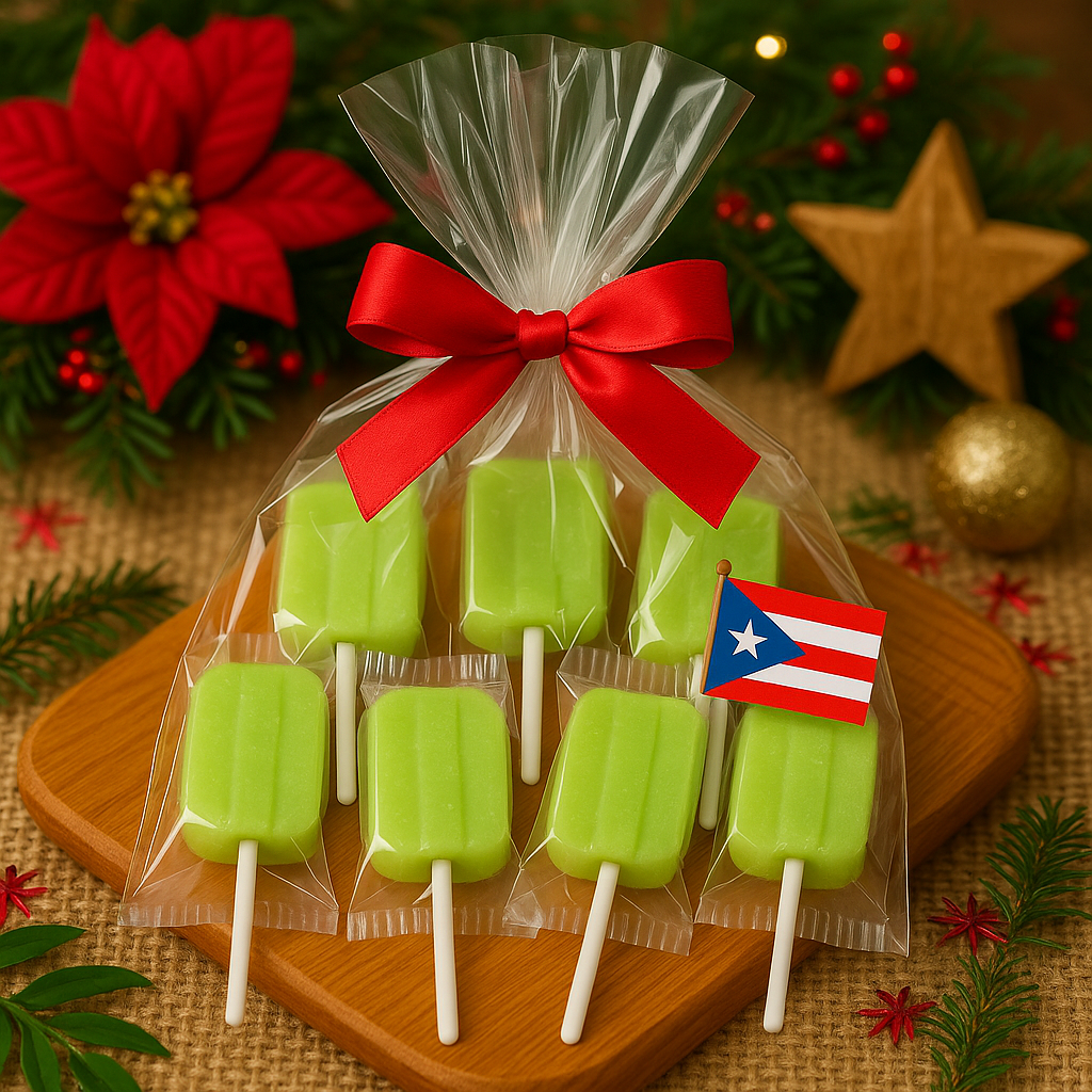 Tipica Artesanal Puerto Rican lemon candy in festive packaging with a red bow and Christmas decorations
