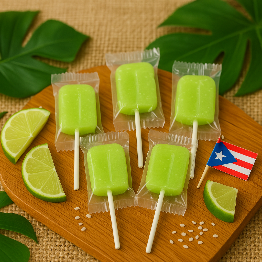 Tipica Artesanal Puerto Rican lemon candy pops on a wooden board with lime slices and a small flag