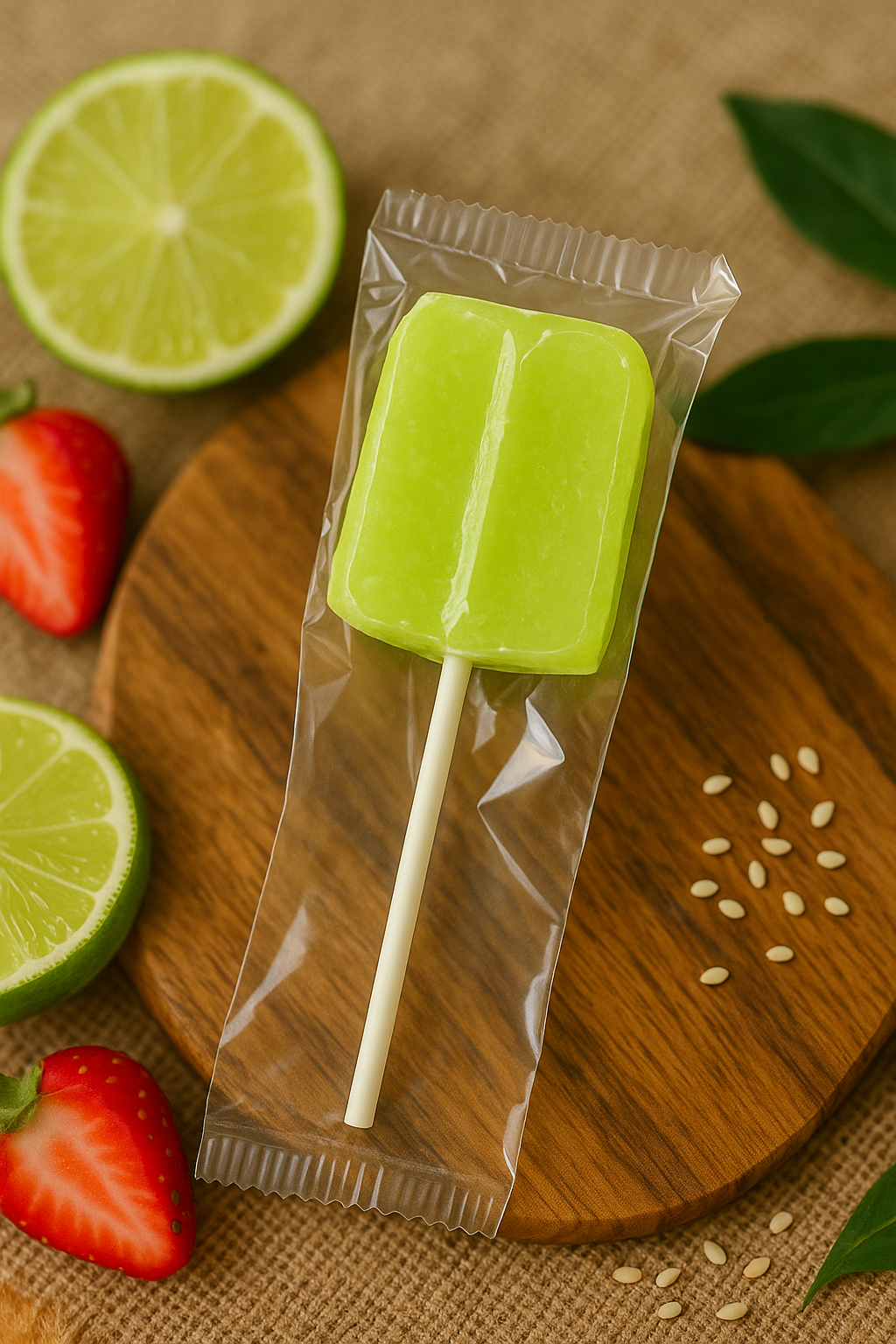 Tipica Artesanal Puerto Rican lemon candy on a wooden board with fresh lime slices and strawberries