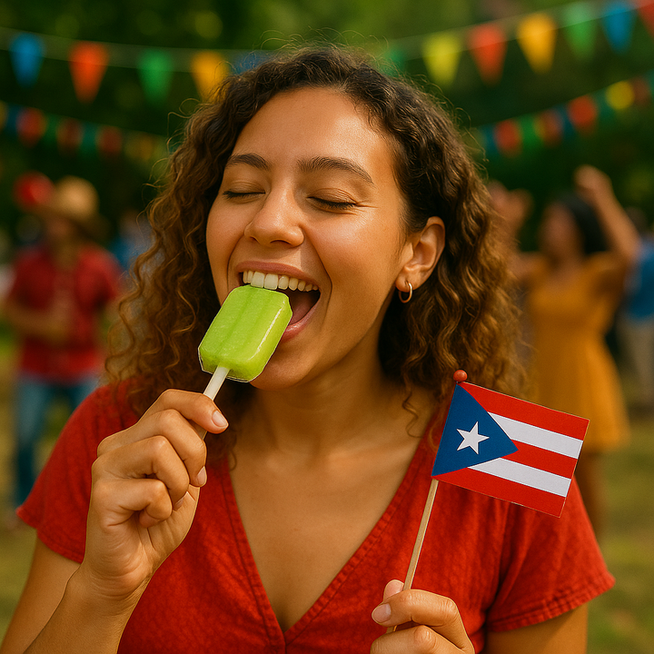 A woman enjoying a green popsicle while celebrating with Puerto Rican lemon candy and waving a flag