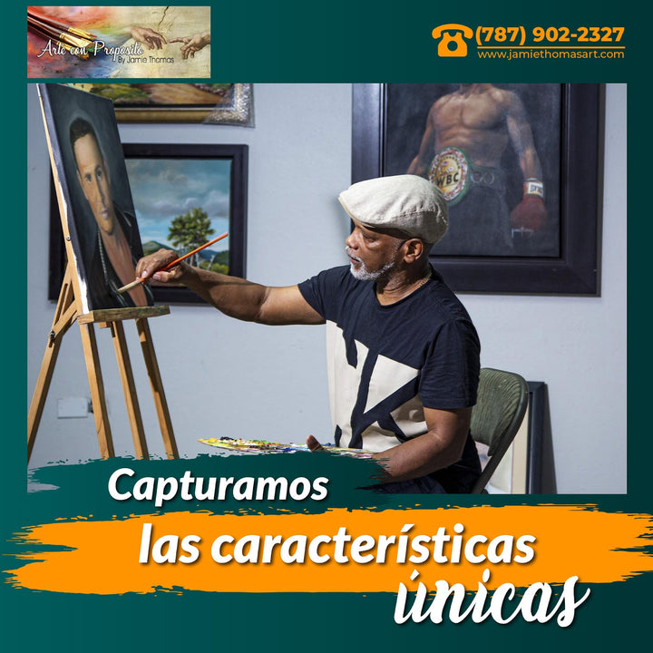 Artist painting a portrait in studio showcasing Puerto Rican lighthouse art by Jamie Thomas Art Studio