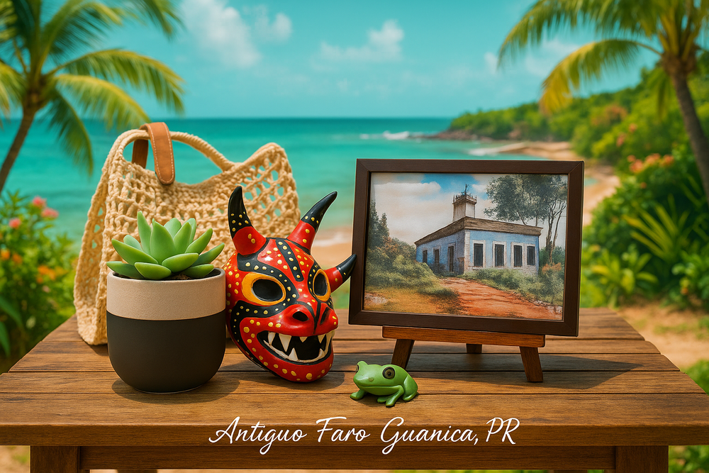 Puerto Rican lighthouse art painting of Antiguo Faro Guanica displayed on wooden table with tropical decor