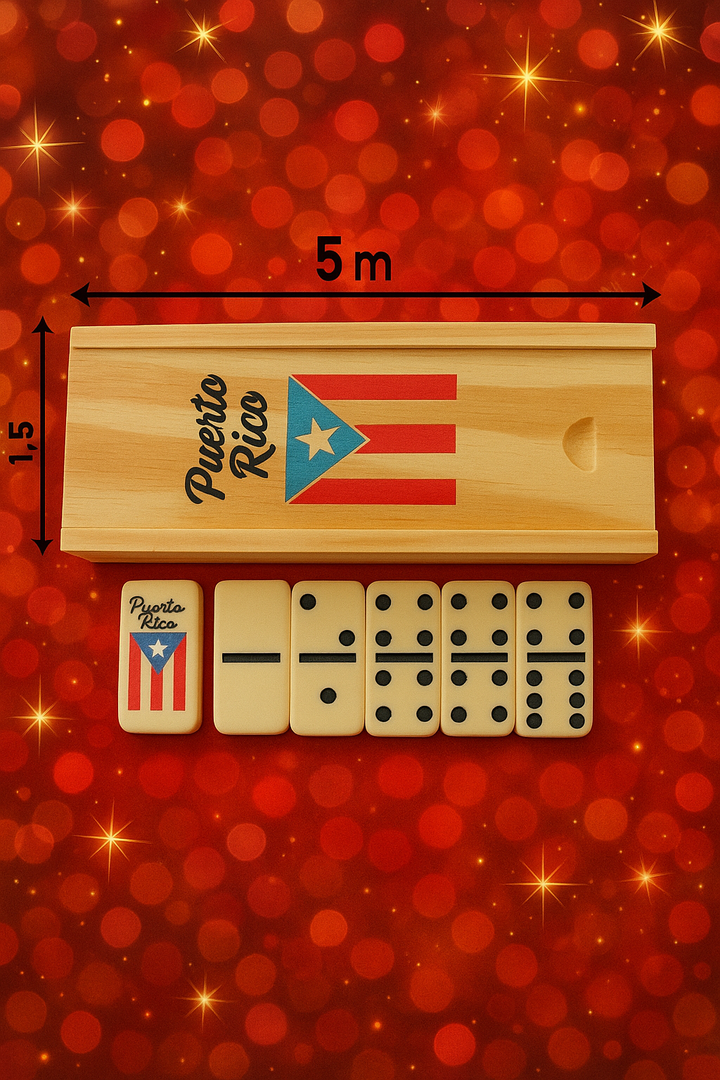 Puerto Rican mini dominoes set in a wooden box featuring the Puerto Rico flag design
