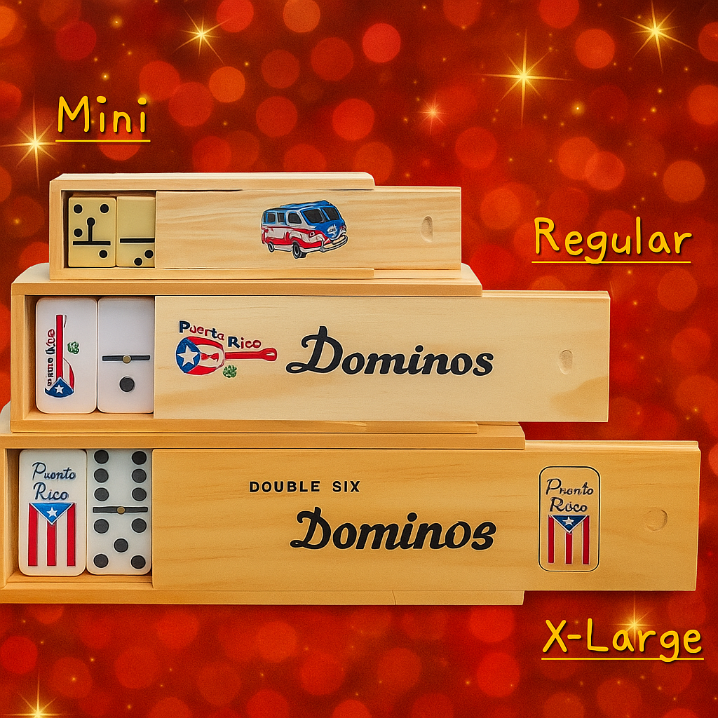 Puerto Rican mini dominoes set with various sizes displayed in a wooden box design