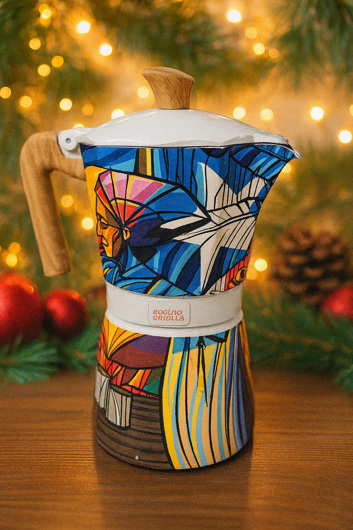 Colorful Pepe Ganga Puerto Rican Moka Pot with artistic design for brewing authentic coffee