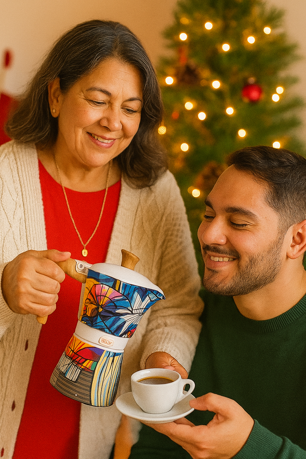 Puerto Rican Moka Pot being used by a woman to serve coffee to a man, festive holiday setting