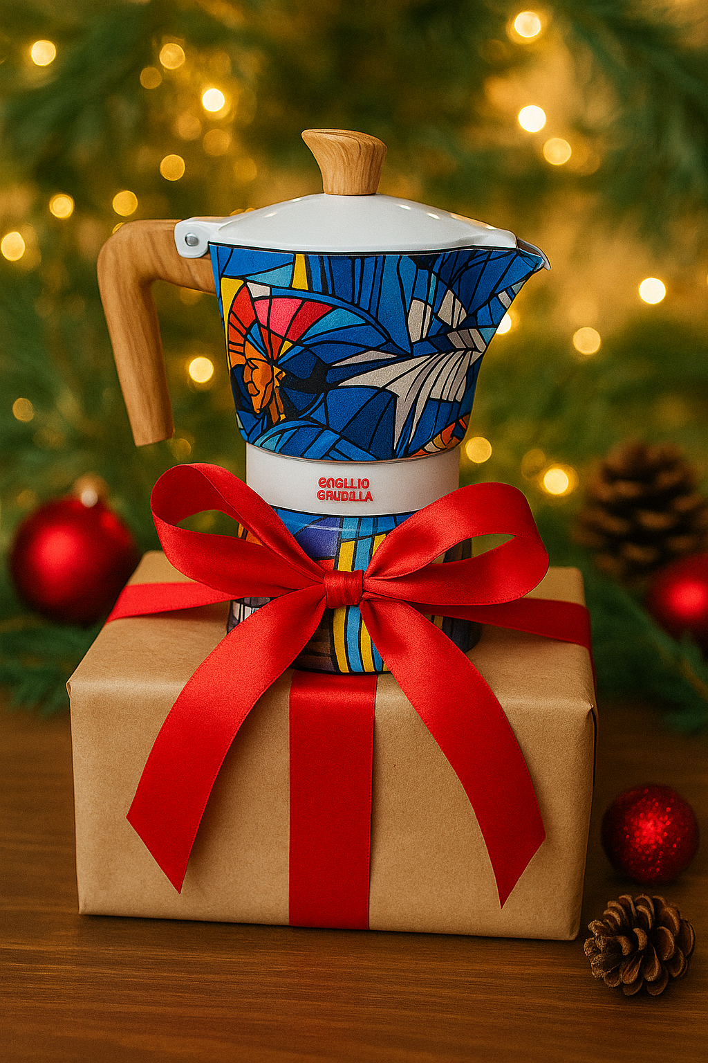 Colorful Pepe ganga Puerto Rican Moka Pot on a wrapped gift box with a red bow