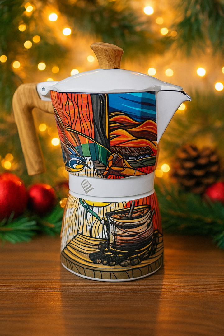 Colorful Pepe Ganga Puerto Rican Moka Pot with Artistic Design for Brewing Authentic Coffee