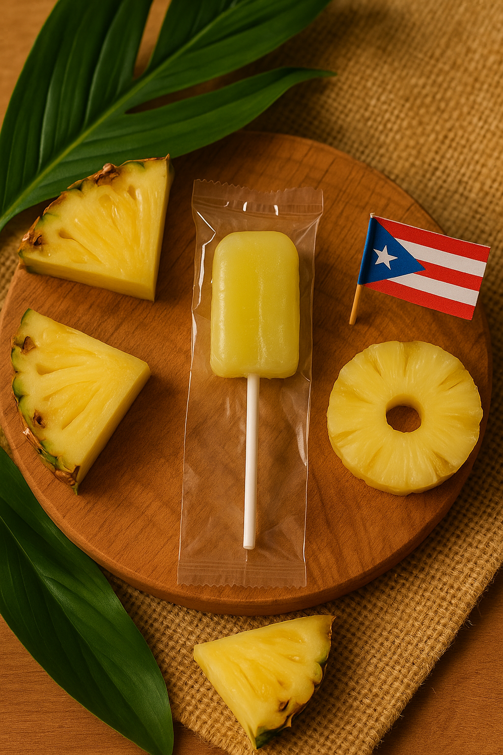 Tipica Artesanal Puerto Rican pineapple lollipop on a wooden plate with fresh pineapple slices