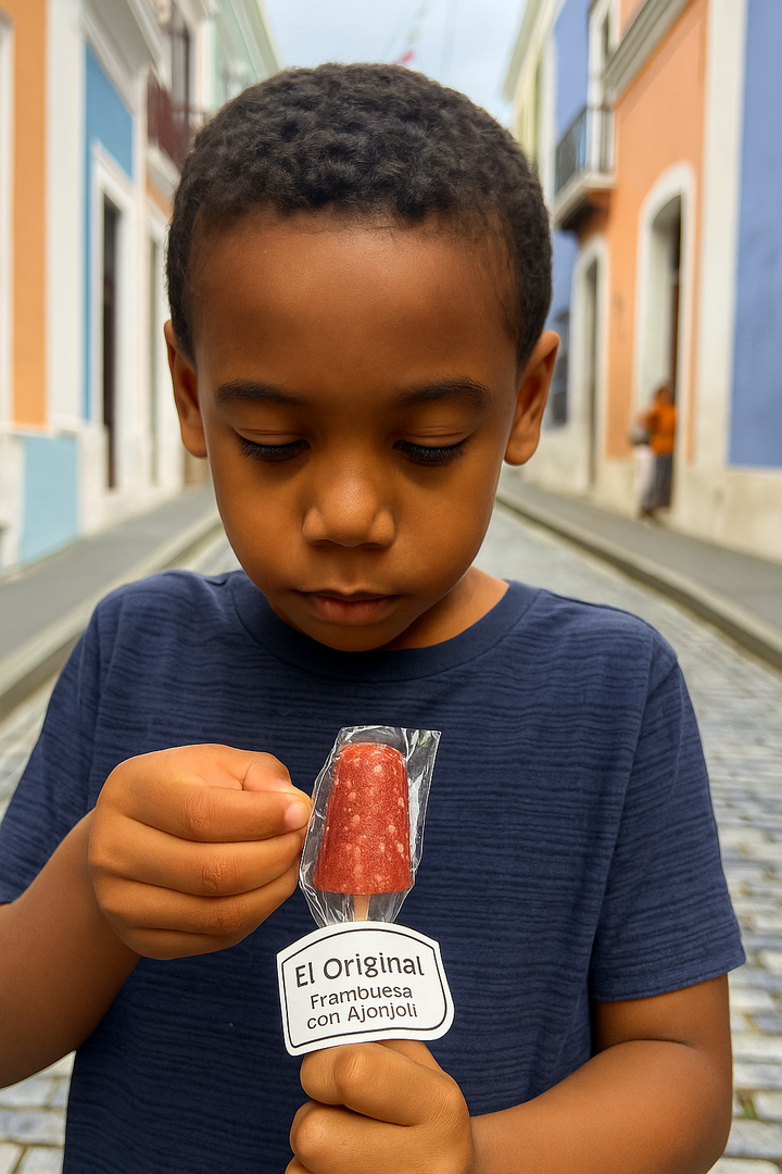 Child holding El Artesano Puerto Rican raspberry sesame lollipop wrapped with label in a colorful street