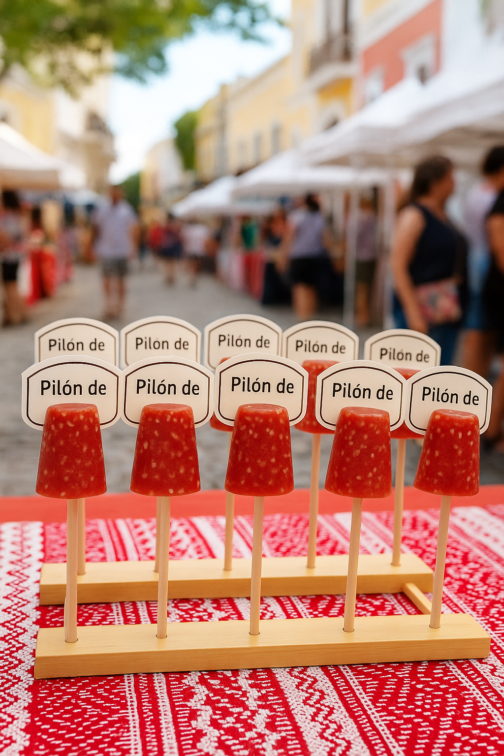 El Artesano Puerto Rican raspberry sesame lollipop displayed on wooden sticks with a market background