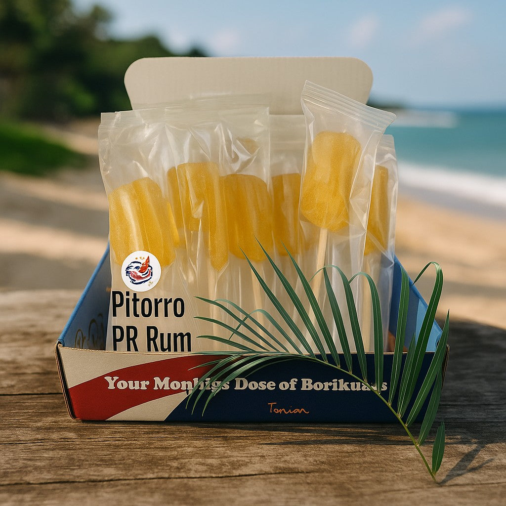 Puerto Rican rum lollipop displayed in a attractive box at a beach setting, perfect for sweet cravings