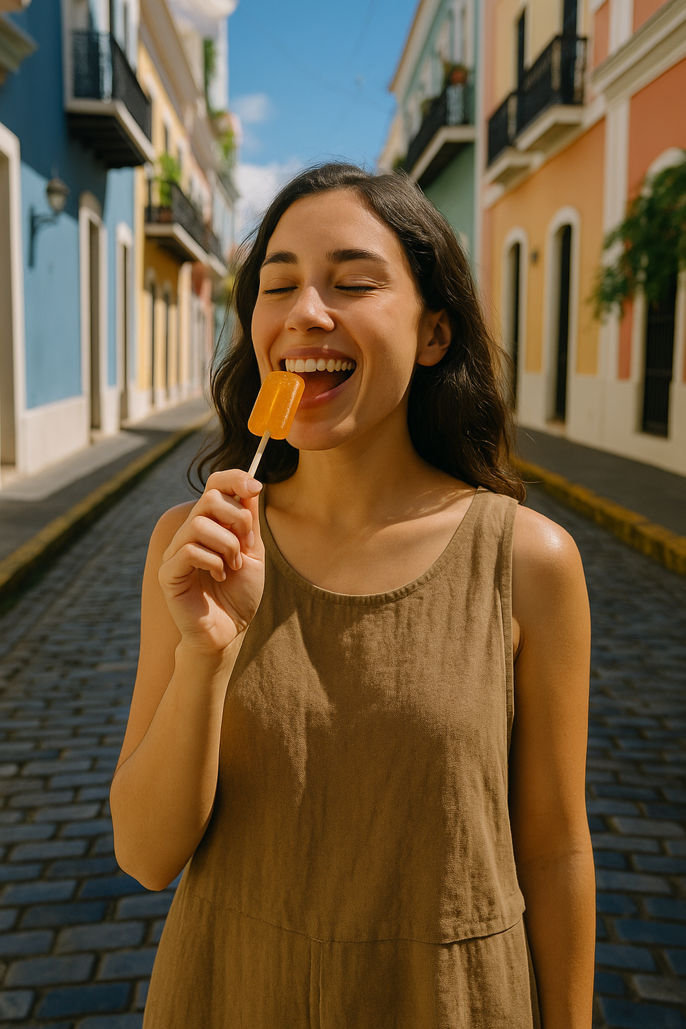 Woman enjoying a Puerto Rican rum lollipop in a colorful street setting