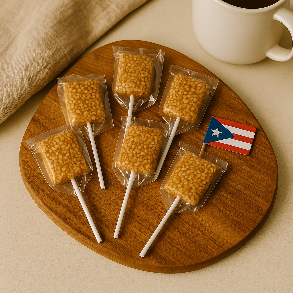 Puerto Rican sesame lollipop on wooden tray with coffee mug and flag