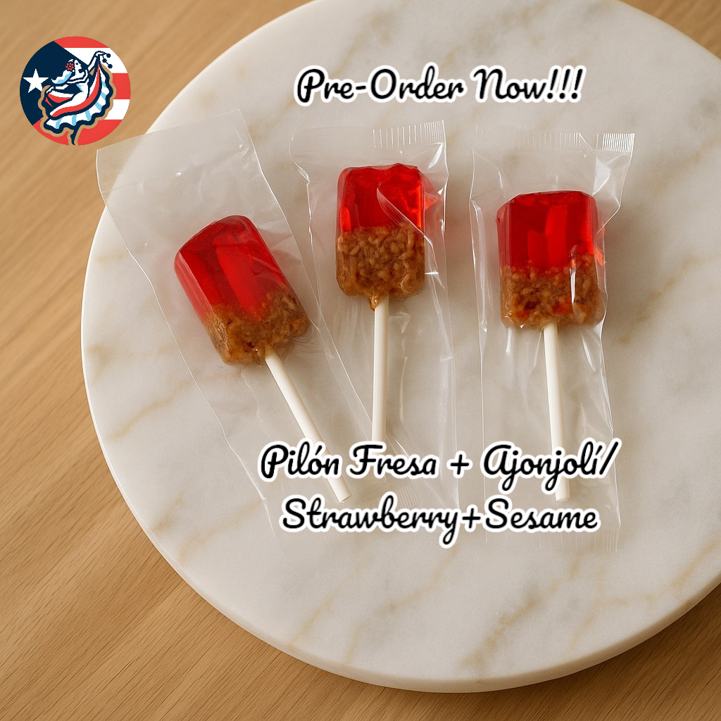 Tipica Artesanal Puerto Rican strawberry lollipop with sesame, featuring a red candy coating