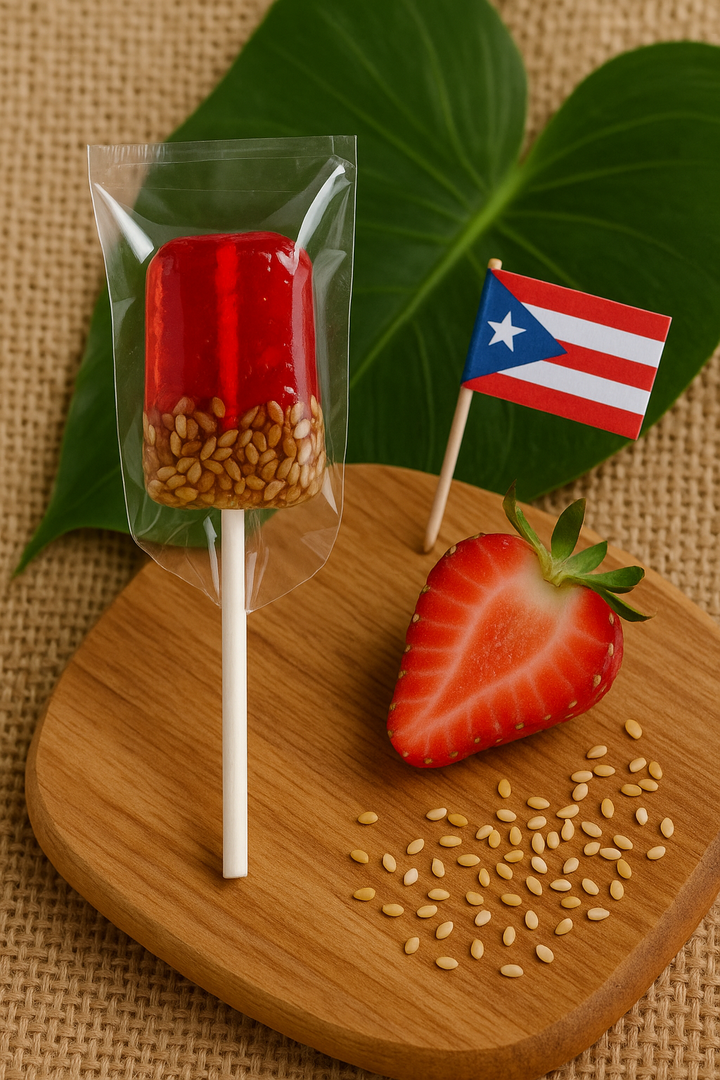 Tipica Artesanal Puerto Rican strawberry lollipop with sesame seeds on a wooden board and fresh strawberry