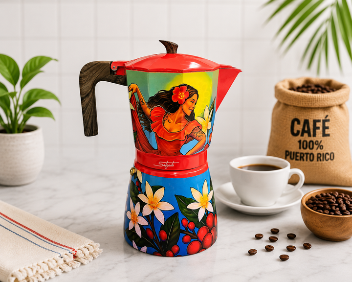 Colorful stovetop coffee maker featuring Puerto Rico design and flower motifs