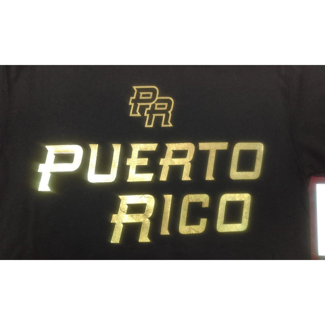 Black Peligro Sports T-shirt featuring Puerto Rico in bold reflective lettering
