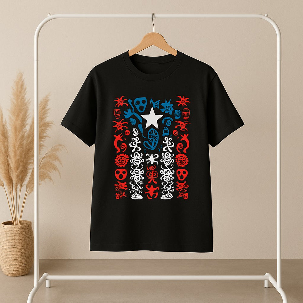 Black Puerto Rico carnival t-shirt featuring colorful native designs and a central star