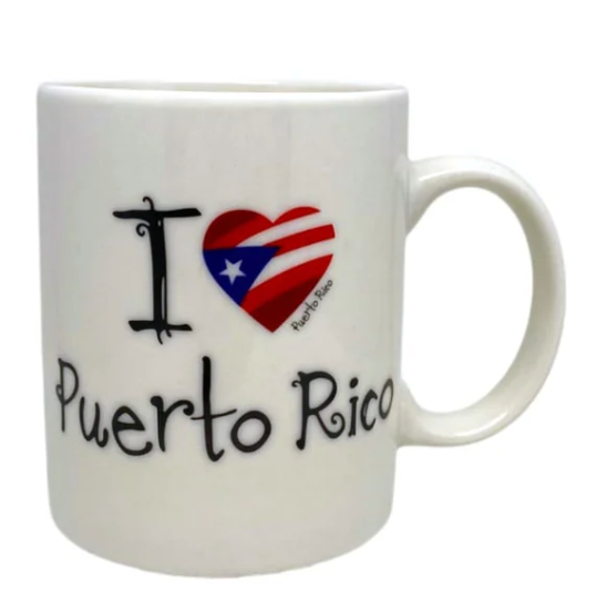I Love Puerto Rico ceramic mug with a heart design and vibrant flag for coffee lovers