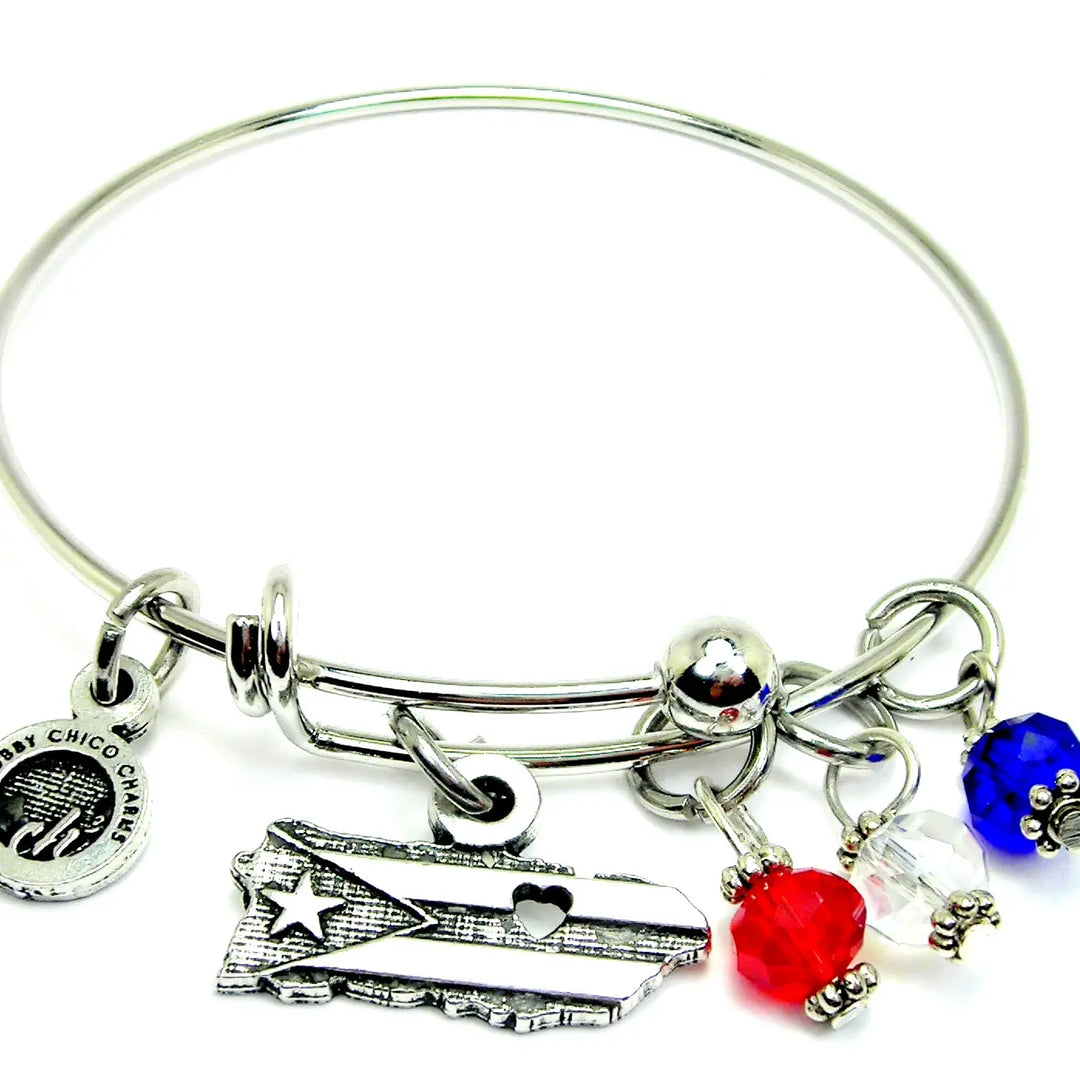 Puerto Rico charm bracelet featuring colorful beads and a heart-cutout island charm