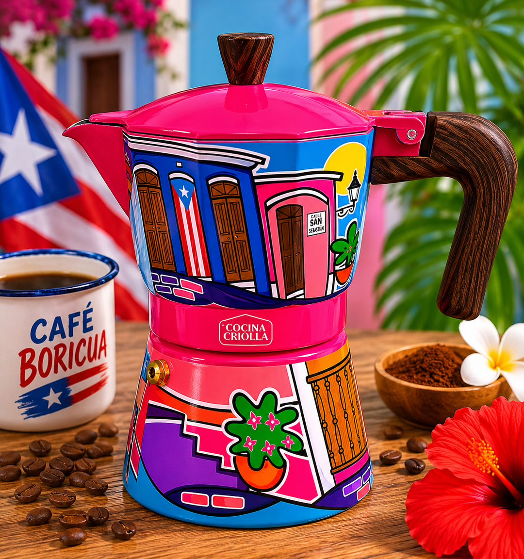 Colorful pink coffee maker celebrating Puerto Rico design