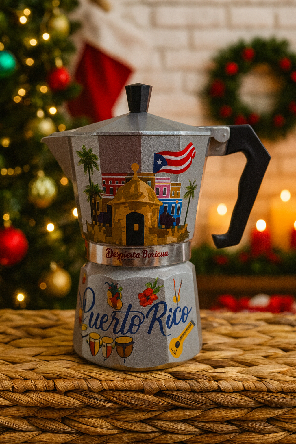 Decorative Puerto Rico coffee maker featuring vibrant colors and cultural designs for a festive kitchen decor