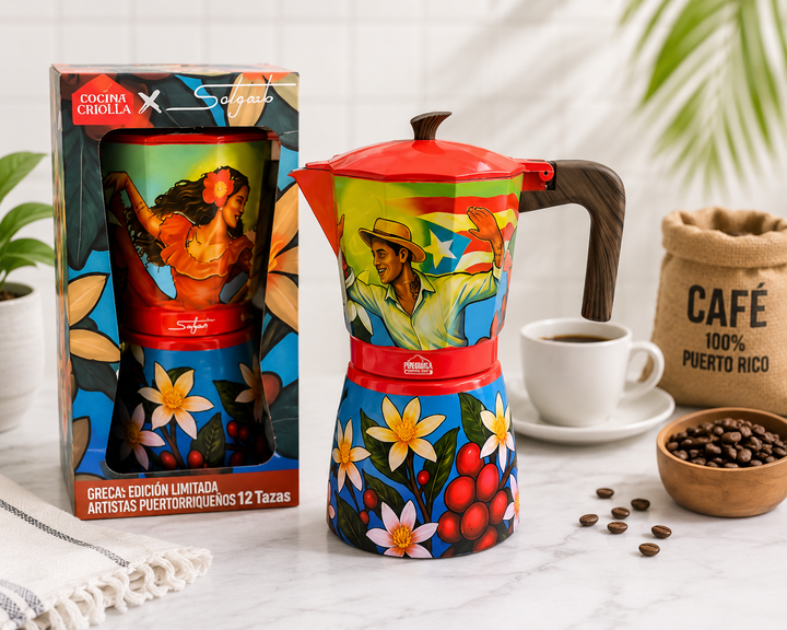 Colorful coffee maker with Puerto Rico art and matching cup