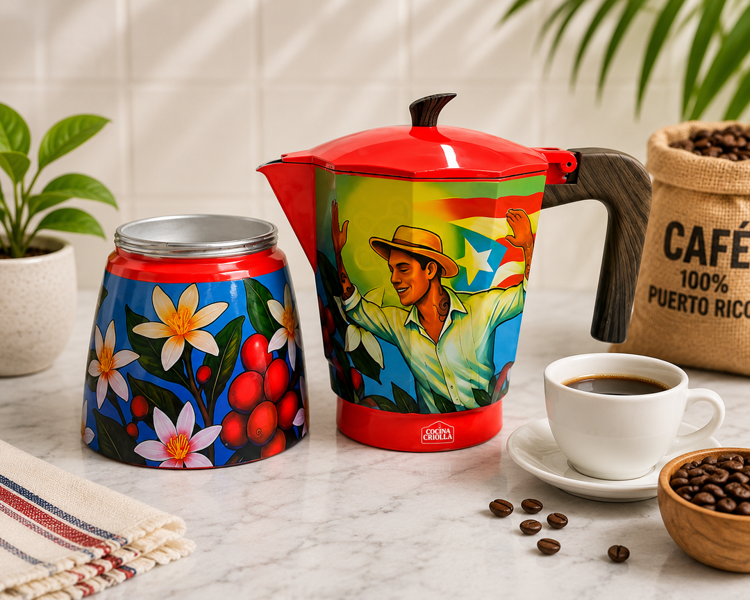 Colorful Boricua coffee pot set celebrating Puerto Rico