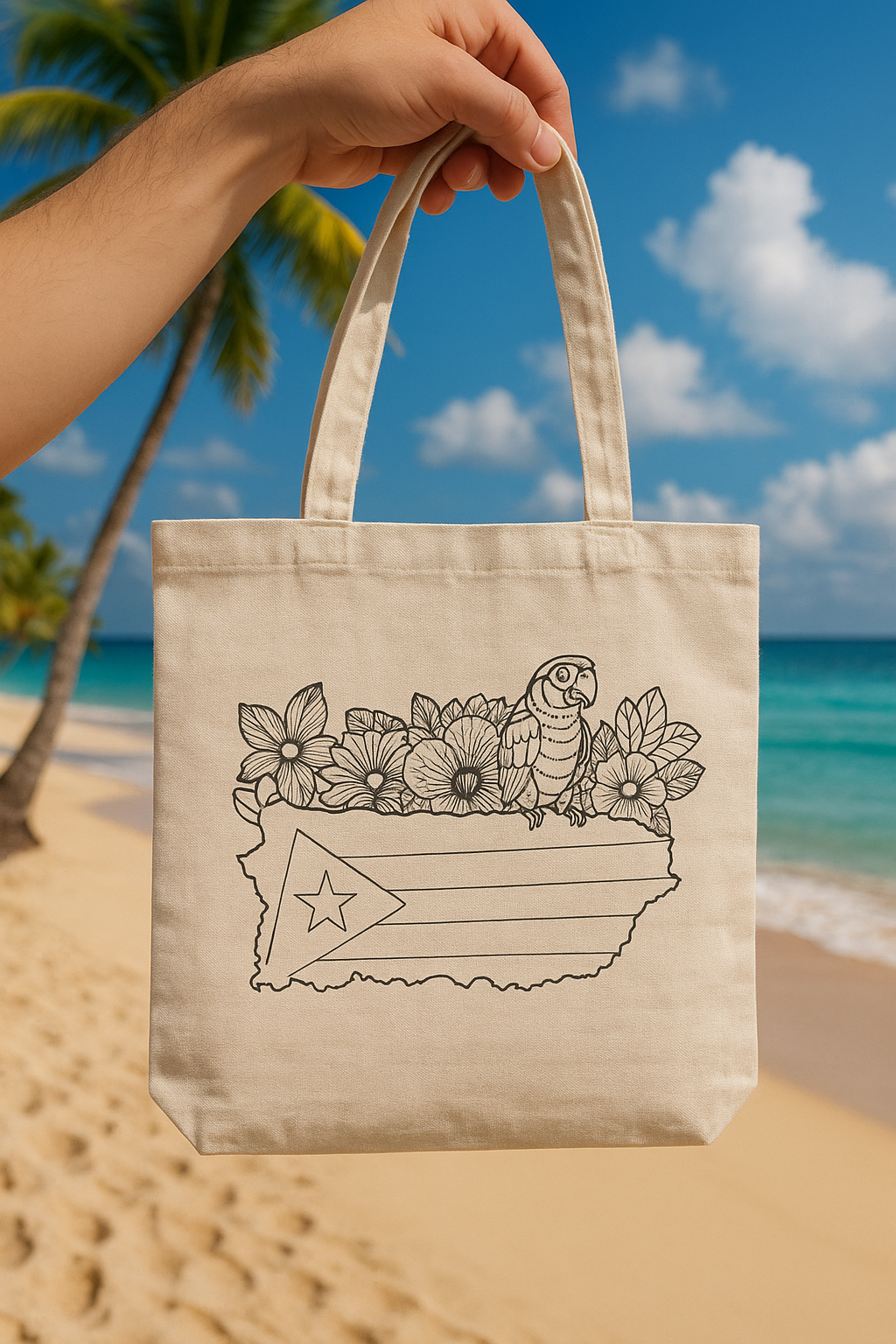 Puerto Rico coloring tote bag for kids featuring floral design and island outline