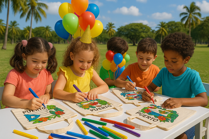 Kids enjoying art with Puerto Rico coloring tote bag for kids and colorful markers outdoors