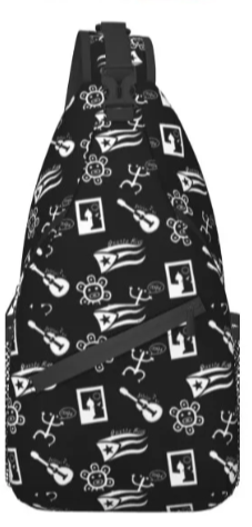 Puerto Rico crossbody bag featuring a black design with guitars and floral patterns