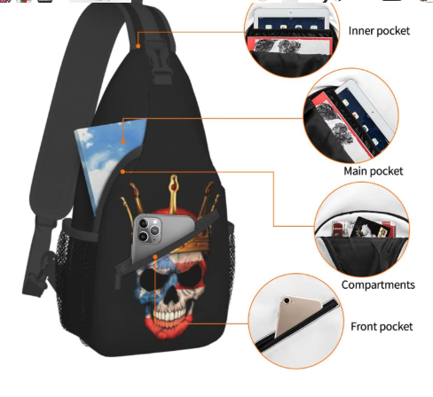 Puerto Rico crossbody bag with skull design, multiple pockets, and compartments for organization