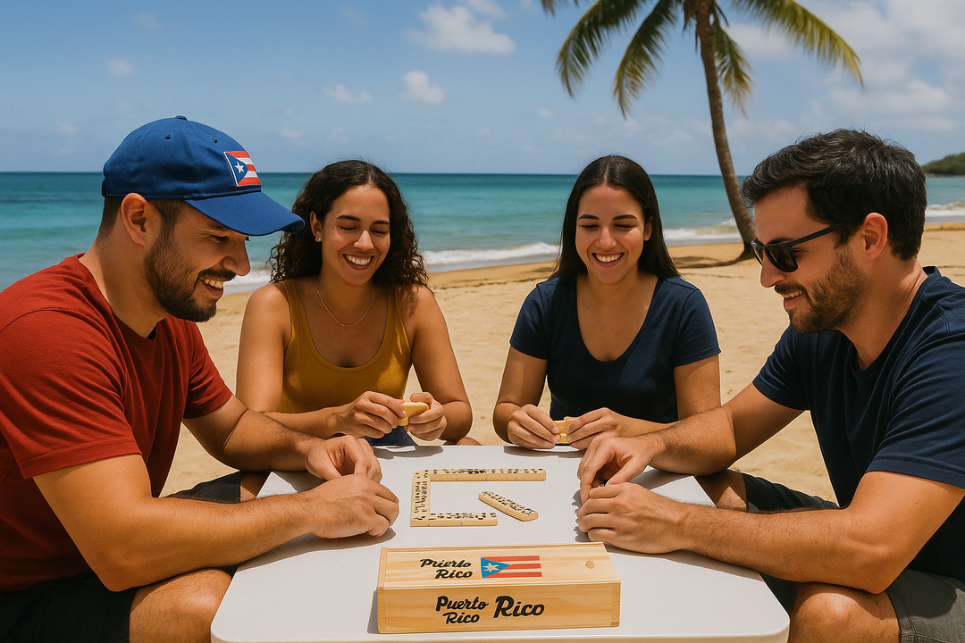 Group of four friends playing with a Puerto Rico domino set on the beach under palm trees