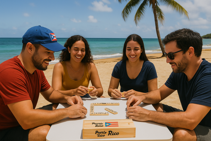 Group of four friends playing with a Puerto Rico domino set on the beach under palm trees