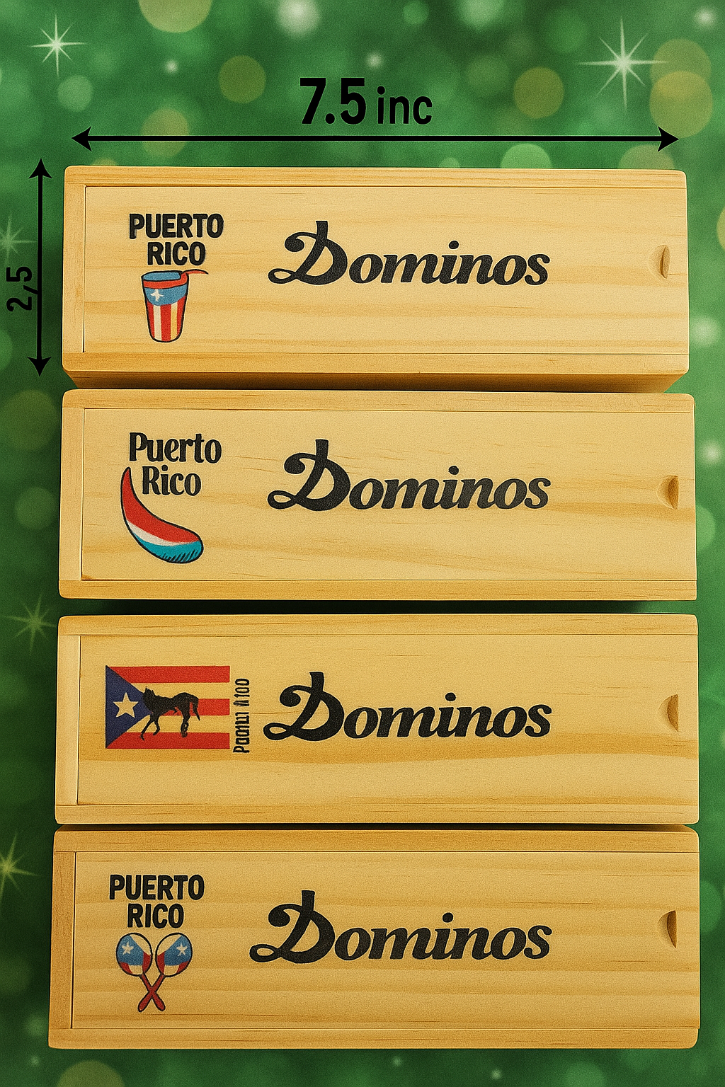 Wooden Puerto Rico domino set with colorful designs and Puerto Rican flags on each box