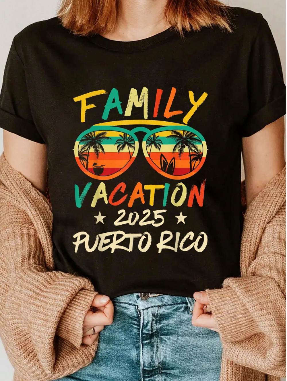 Black Puerto Rico family trip shirt with colorful sunglasses design for vacation memories