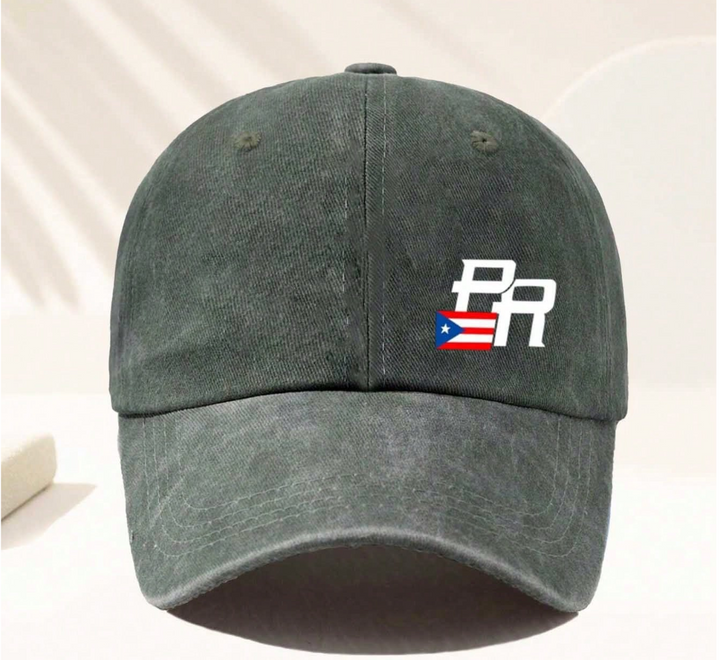 Puerto Rico flag baseball cap with embroidered PR logo on a dark green fabric