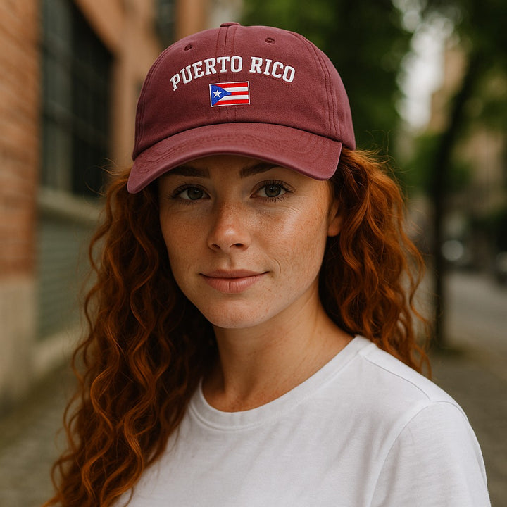 Burgundy Puerto Rico flag cap featuring embroidered design for stylish summer wear
