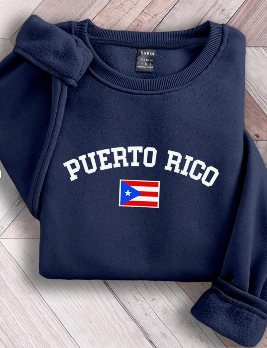 Navy blue Puerto Rico flag hoodie featuring bold white text and a vibrant flag design